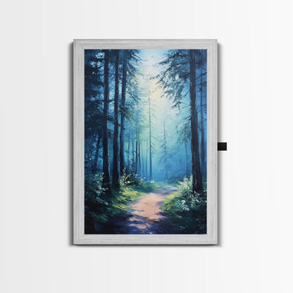 Enchanting Forest Canvas Print, Moody Blue Landscape Painting with Pine Tree Art, Above Sofa Rustic Wall Artwork