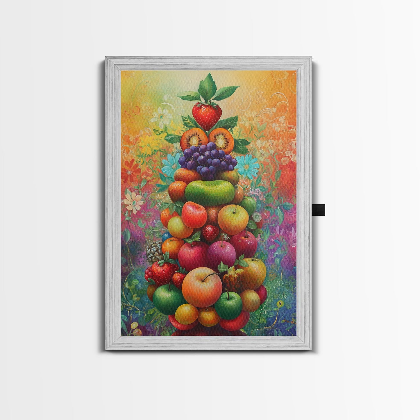 Fruit Pyramid Canvas Print with Whimsical Still Life Art, Vibrant Food Review Wall Art, Rustic Farmhouse Decor for Kitchen or Dining Area