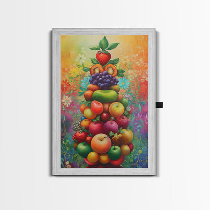 Fruit Pyramid Canvas Print with Whimsical Still Life Art, Vibrant Food Review Wall Art, Rustic Farmhouse Decor for Kitchen or Dining Area