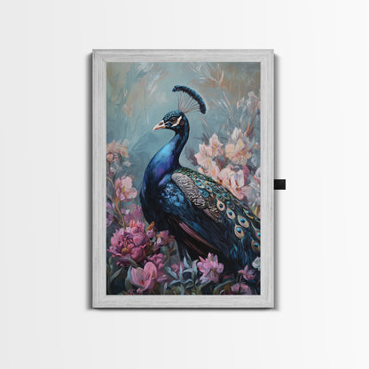 Graceful Peacock Floral Framed Canvas Print | Botanical Bird Art | Chinoiserie Wall Decor | Elegant Tropical Painting | Home Accent