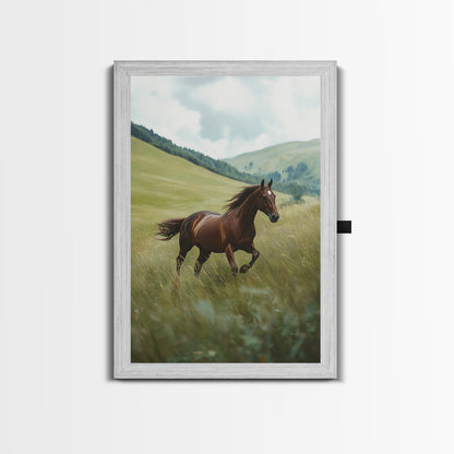 Galloping Brown Stallion Framed Canvas Print Horse Wall Art Rustic Decor Living Room Above Couch Wabi Sabi Style