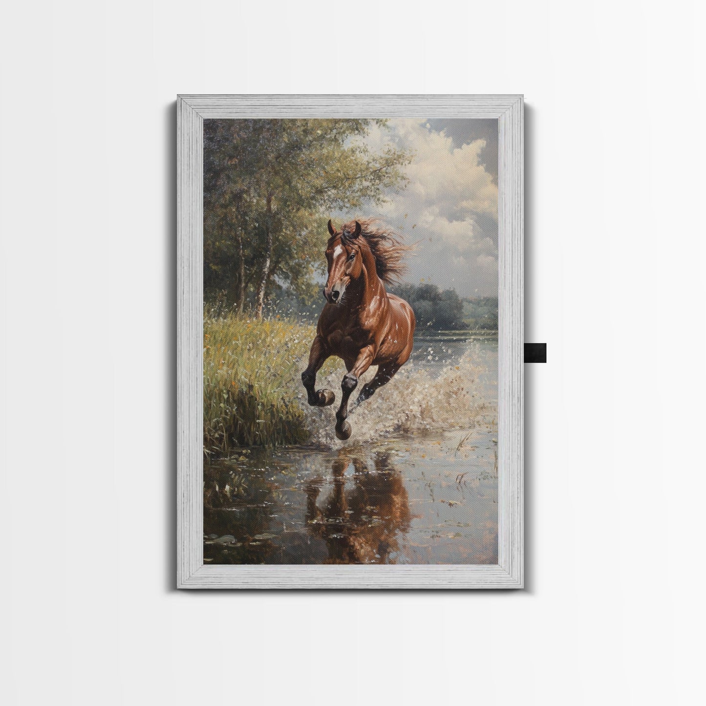 Splashed Stallion Crossing Water Framed Canvas Print Vintage Horse Art Rustic Wall Art Living Room Gift Idea Boho Style