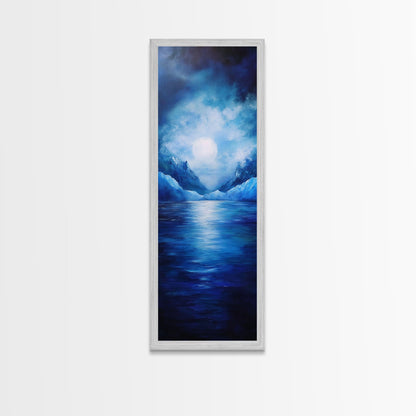 Moonlit Lake, Mountain Painting, Moody Art, Coastal Landscape, Nautical Wall Art, Christmas, Framed Canvas Print