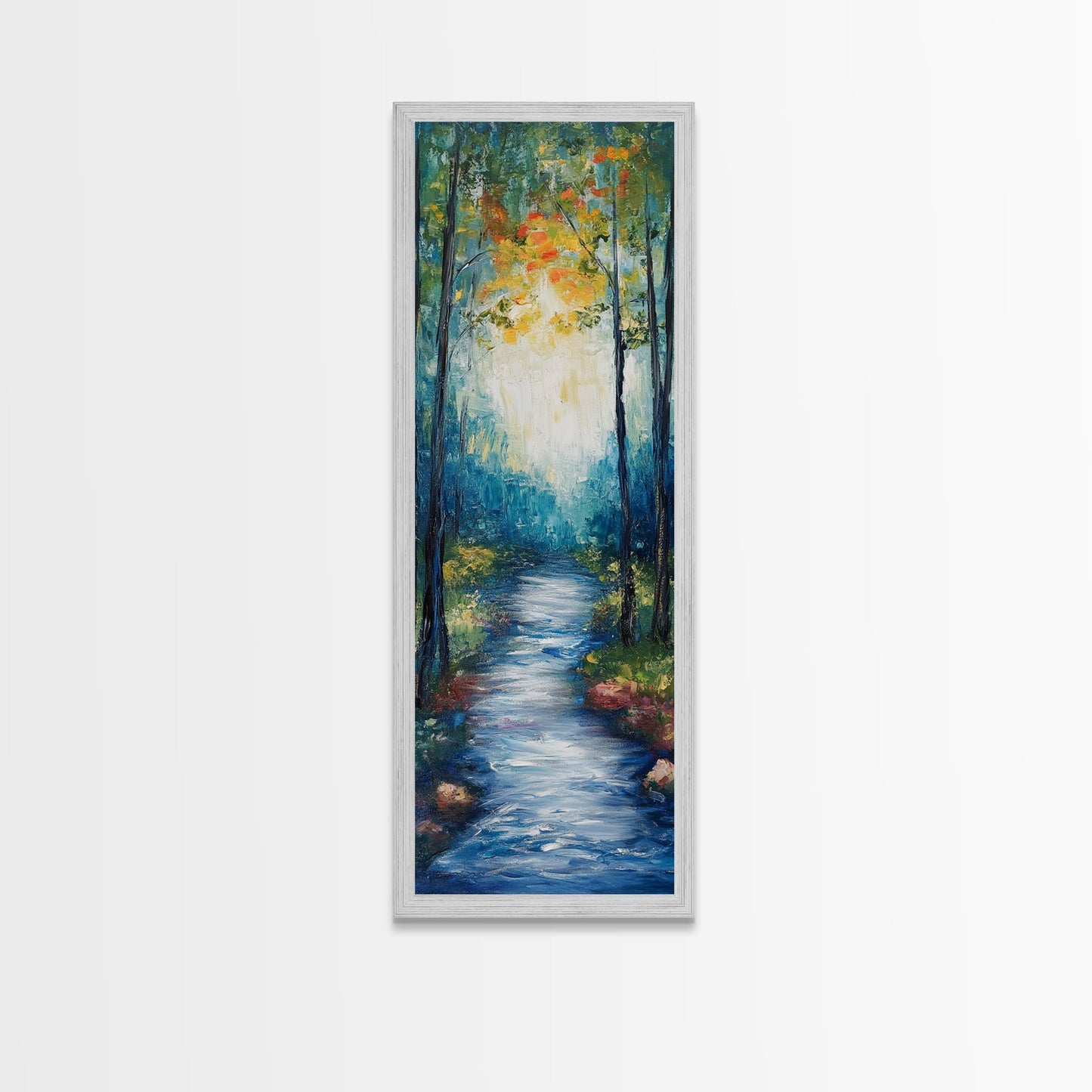 Autumn Forest Path, forest at dusk painting, birch tree painting, moody art, landscape painting, vertical wall art, Canvas Print