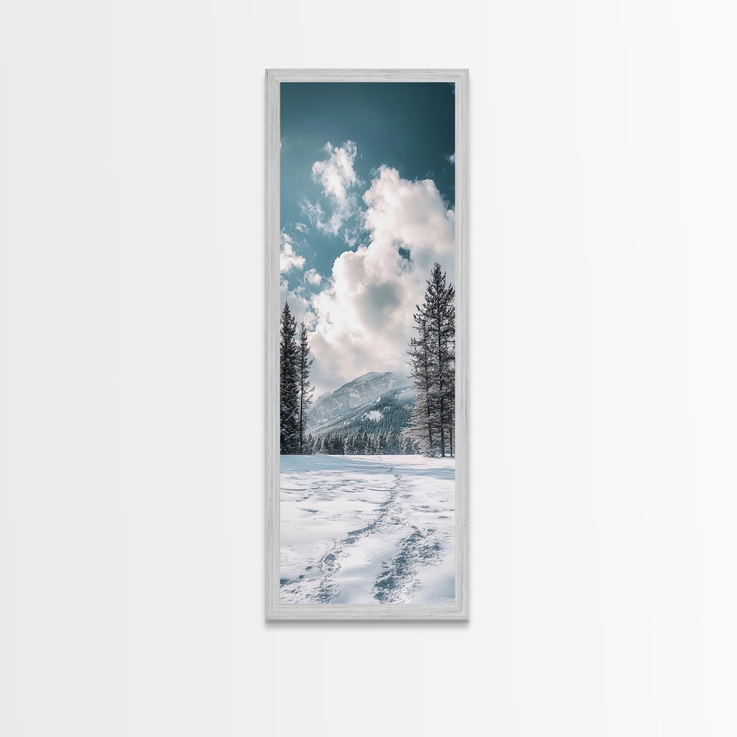 Winter Path, pine tree art, mountain painting, snowy landscape, rustic decor, minimalist art, Framed Canvas Print, vertical wall art