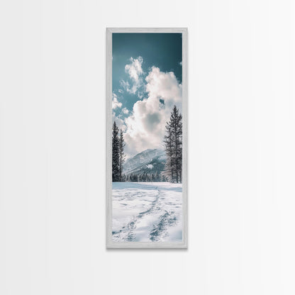 Winter Path, pine tree art, mountain painting, snowy landscape, rustic decor, minimalist art, Framed Canvas Print, vertical wall art