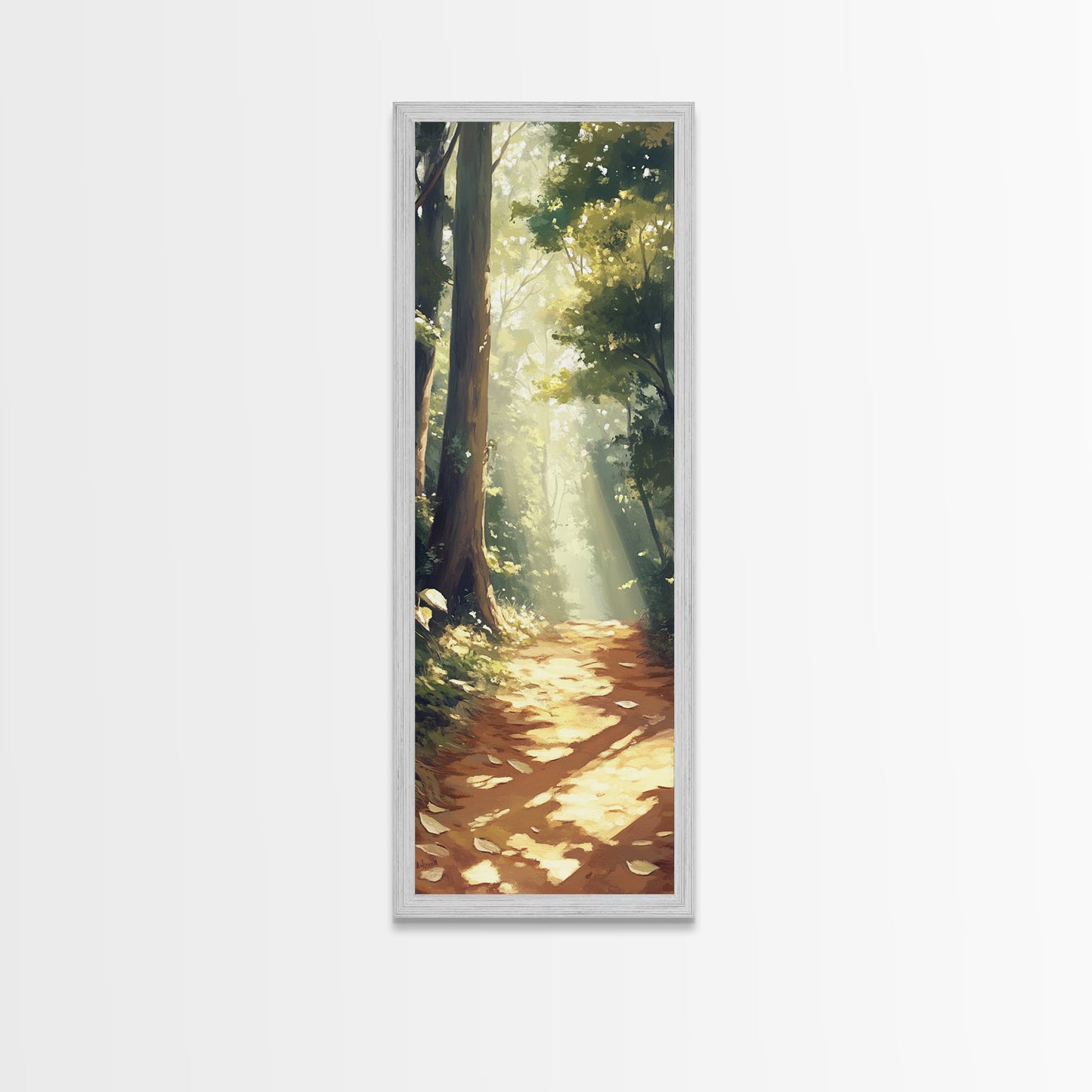 Forest Path, Sunlit Trees, Woodland Art, Framed Canvas Print, Landscape Painting, Tall Narrow Art, Rustic Décor