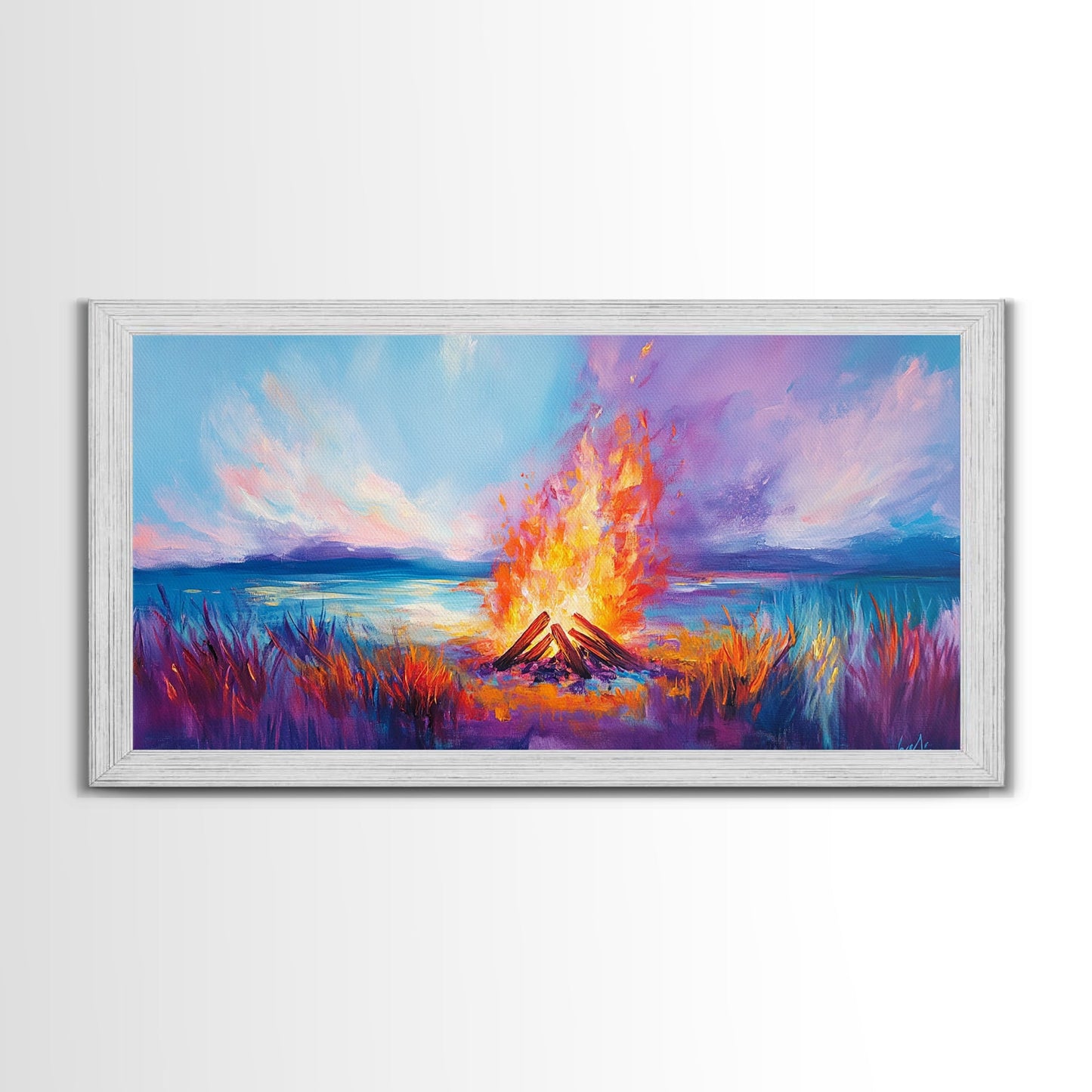 Lagerfeuer bei Sonnenuntergang, Küstenmotiv, Wandbild in Rosa und Orange, Extra breites Bild, Horizontales Wandbild, Gerahmter Leinwanddruck, Stimmungsvolle Kunst