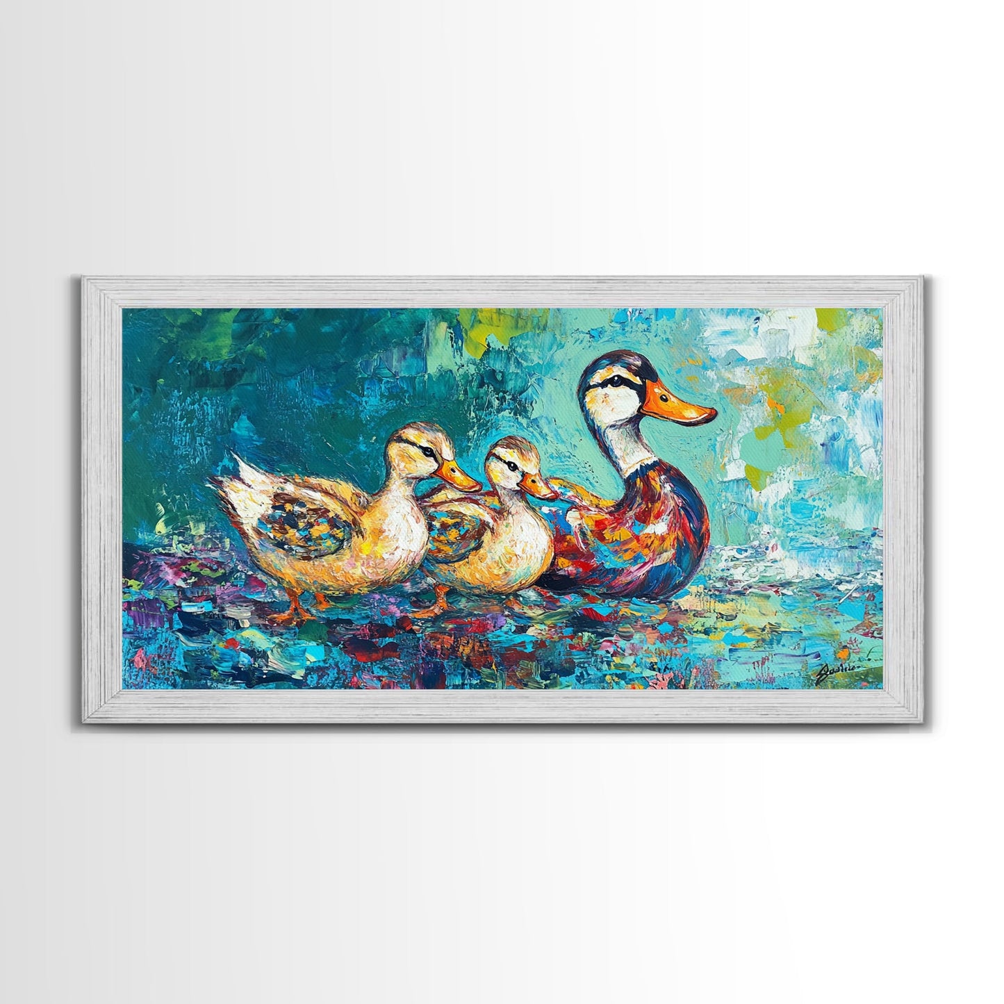 Entenfamilie, Vogelkunst, verspielte Kunst, türkisfarbene Wandbilder, Geschenkidee für sie, Landschaftsmalerei, extra breite Kunstwerke, gerahmter Leinwanddruck