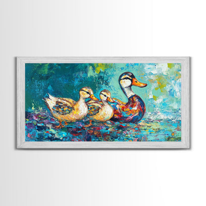 Entenfamilie, Vogelkunst, verspielte Kunst, türkisfarbene Wandbilder, Geschenkidee für sie, Landschaftsmalerei, extra breite Kunstwerke, gerahmter Leinwanddruck