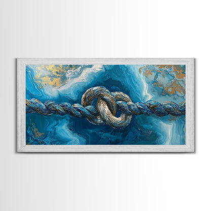 Ozeanseil, maritime Dekoration, blau-goldene Wandkunst, Küstenmalerei, Seestückmalerei, horizontale Wandkunst, gerahmter Leinwanddruck