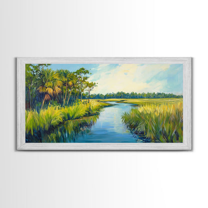 Marschlandschaft-Motiv, Palmenbild, tropische Landschaft, Küstendekor, grüne Wandkunst, rustikale Wandkunst, gerahmter Leinwanddruck