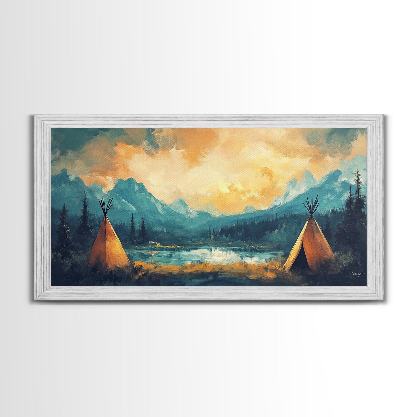 Teepee Camp, southwest wall art, landscape painting, mountain painting, rustic decor, moody art, Framed Canvas Print, panoramic painting