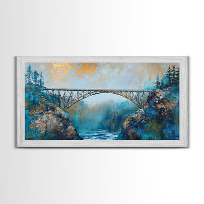 Stahlbrücke, Landschaftsmalerei, Berglandschaft, Panoramabild, gerahmter Leinwanddruck, Wandbild in Blau und Grün