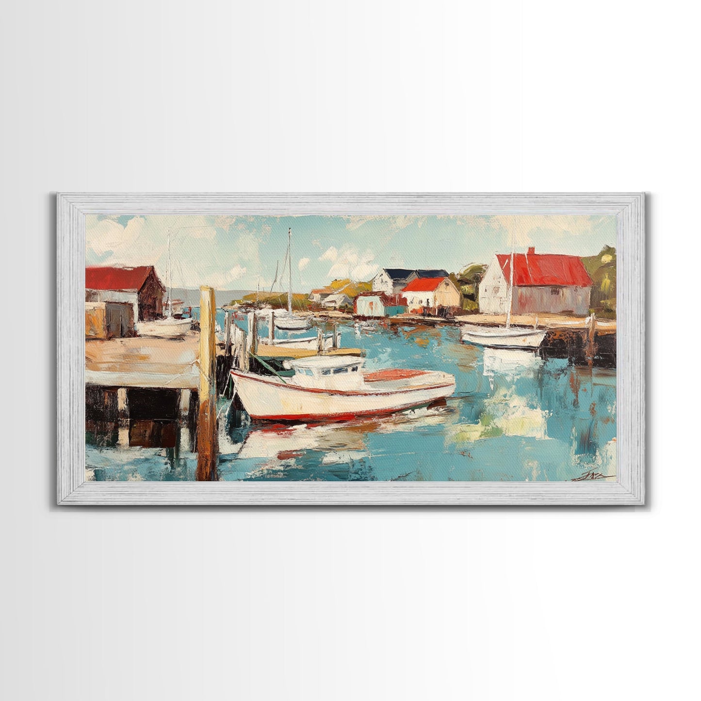 Hafenboote, Gemälde von Nantucket, Küstenmalerei, maritime Wandkunst, Fischergemälde, gerahmter Leinwanddruck, extra breites Kunstwerk