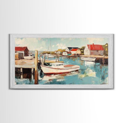 Hafenboote, Gemälde von Nantucket, Küstenmalerei, maritime Wandkunst, Fischergemälde, gerahmter Leinwanddruck, extra breites Kunstwerk