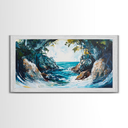 Ocean Cave, coastal landscape art, seascape painting, blue and green wall art, framed canvas print, extra wide art, beach painting