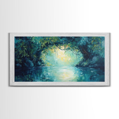 Mystischer Fluss, gerahmter Leinwanddruck, Landschaftsmalerei, stimmungsvolle Kunst, Wald in der Abenddämmerung, türkisfarbenes Wandbild, extra breites Bild