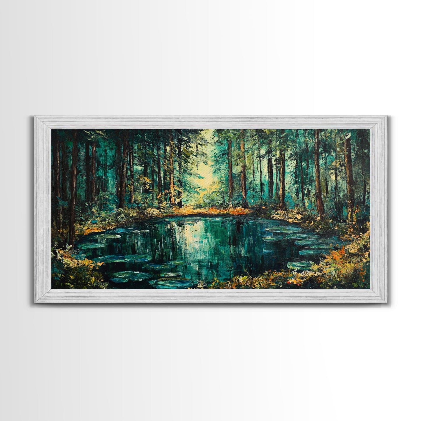 Verzauberter Waldteich, Leinwanddruck, Landschaftsmalerei, Kiefernkunst, Wald in der Abenddämmerung, Kunst vom Lake Tahoe, extra breites Kunstwerk