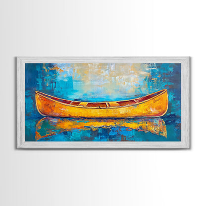 Golden Canoe, Framed Canvas Print, fisherman painting, lake Tahoe art, rustic decor, nautical decor, extra wide art, landscape painting