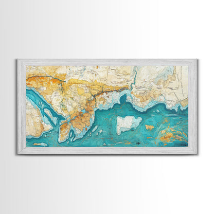Abstract Map Art, Coastal Decor, Nautical Painting, Extra Wide Art, Framed Canvas Print, Blue and Green Wall Art