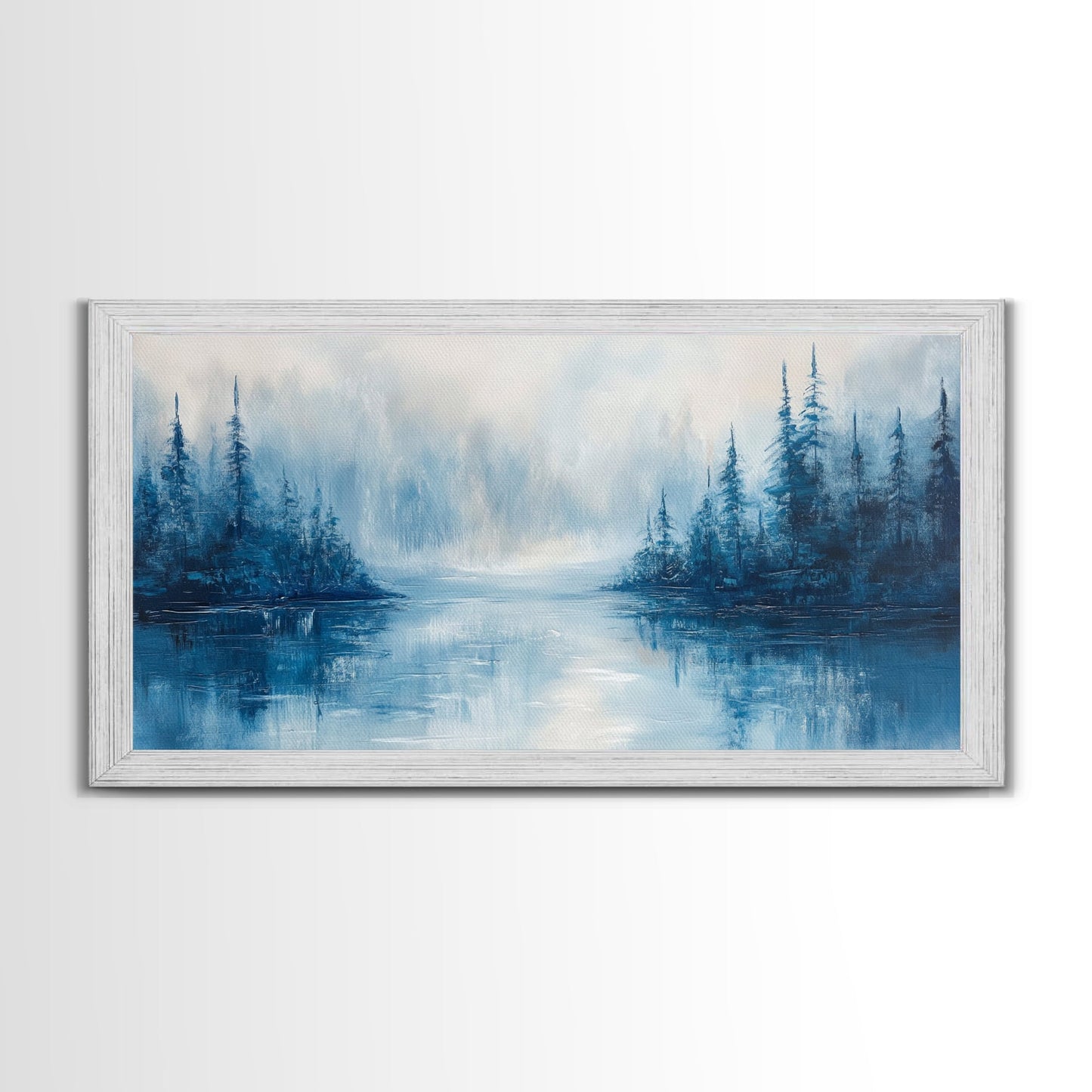 Neblige Seelandschaft, Stimmungsvolle Kunst, Kiefernlandschaft, Landschaftsgemälde, Gerahmter Leinwanddruck, Schlafzimmerkunst, Wandbild über dem Bett