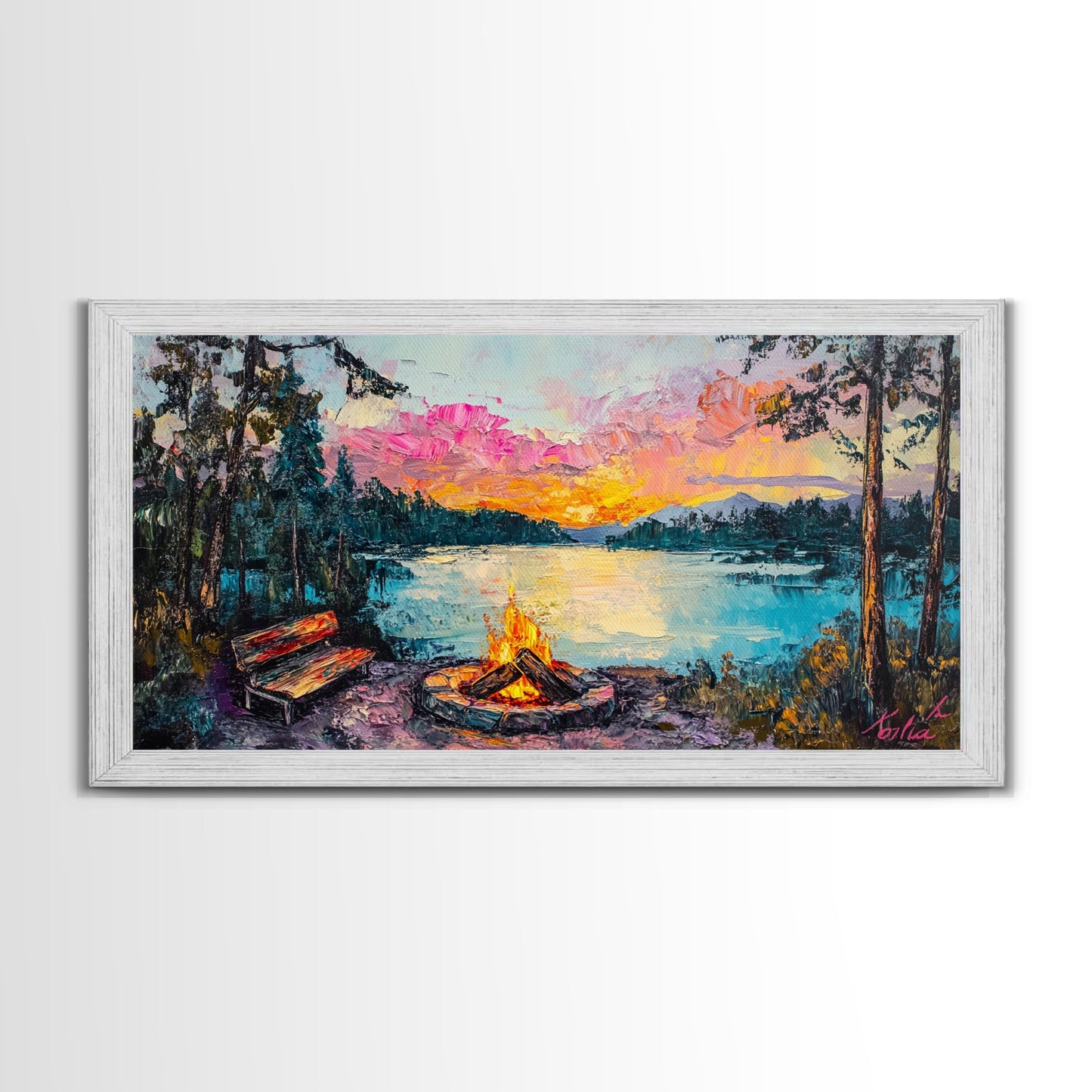Campfire by Lake, Mountain Painting, Landscape Art, Moody Art, Framed Canvas Print, Above Sofa Art, Wabi Sabi Art, Rustic Decor