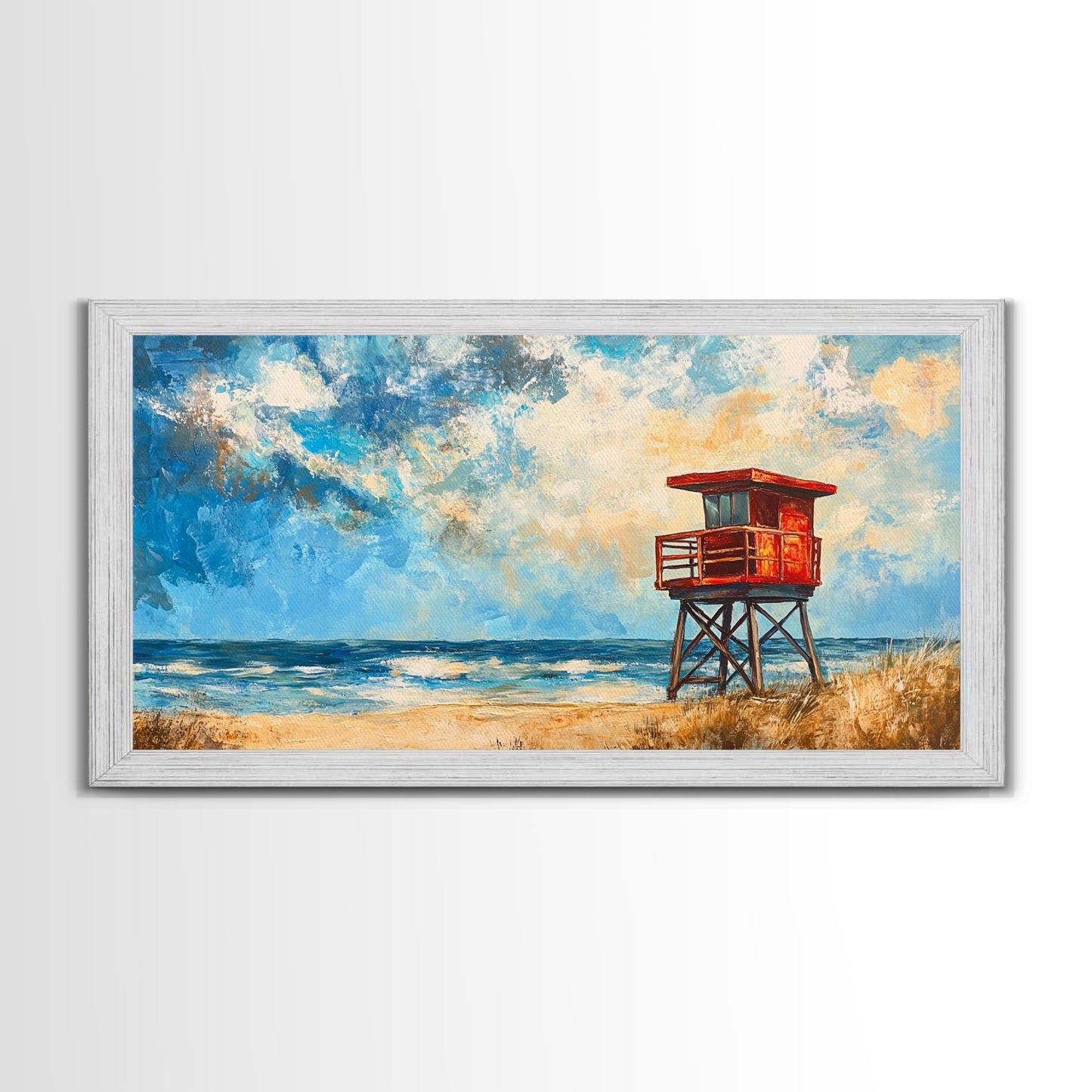 Lifeguard Tower, coastal landscape art, beach painting, seascape painting, nautical wall art, canvas print, horizontal wall art