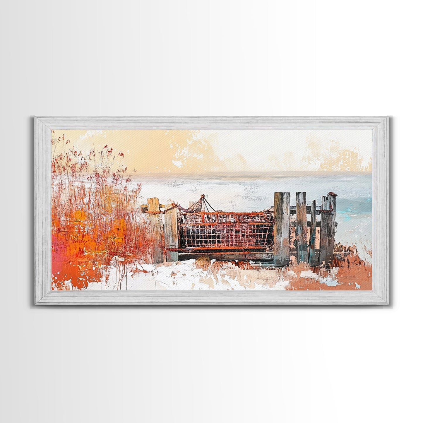 Rustic Dock, coastal decor, rustic art, farmhouse art, seascape painting, nautical painting, framed canvas print, extra wide art