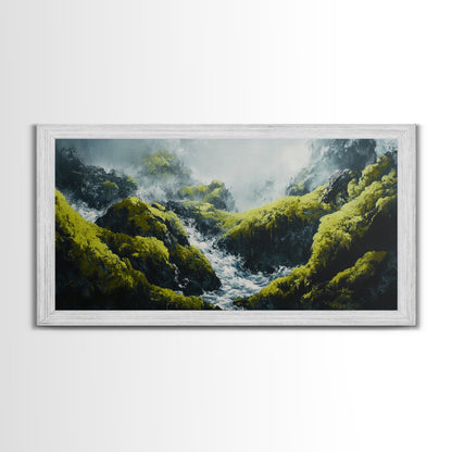 Waterfall Moss, green wall art, framed canvas print, mountain painting, zen wall art, rustic decor, original painting, above couch art