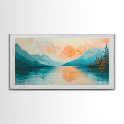 Sunset Lake, Kunst vom Lake Tahoe, gerahmter Leinwanddruck, rosa-orange Wandbild, horizontales Wandbild, Seestück, Küstendeko