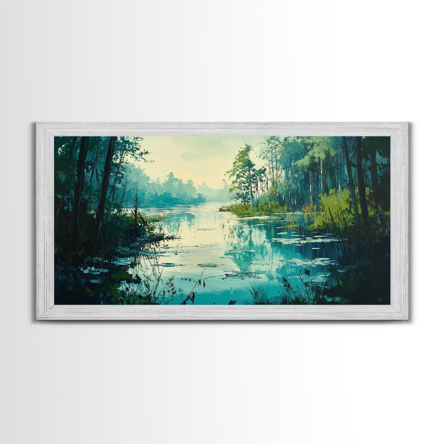 Tranquil lake, misty trees, landscape painting, extra wide art, wabi sabi art, minimalist art, framed canvas print, above couch art