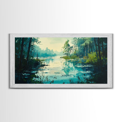 Tranquil lake, misty trees, landscape painting, extra wide art, wabi sabi art, minimalist art, framed canvas print, above couch art
