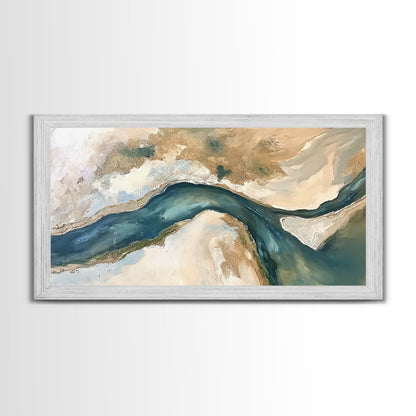 Abstrakter Fluss, neutrale Landschaft, Panoramabild, Leinwanddruck, Wabi-Sabi-Kunst, rustikale Wandkunst, Wandbild für über dem Bett, minimalistische Kunst