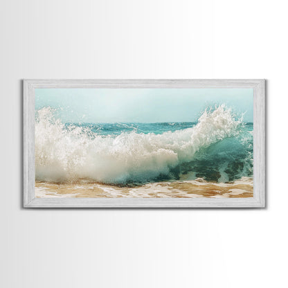 Meereswelle, Strandspritzer, Panoramabild, gerahmter Leinwanddruck, Surf-Wandbild, nautische Dekoration, Küsten-Wandbild, extra breites Bild