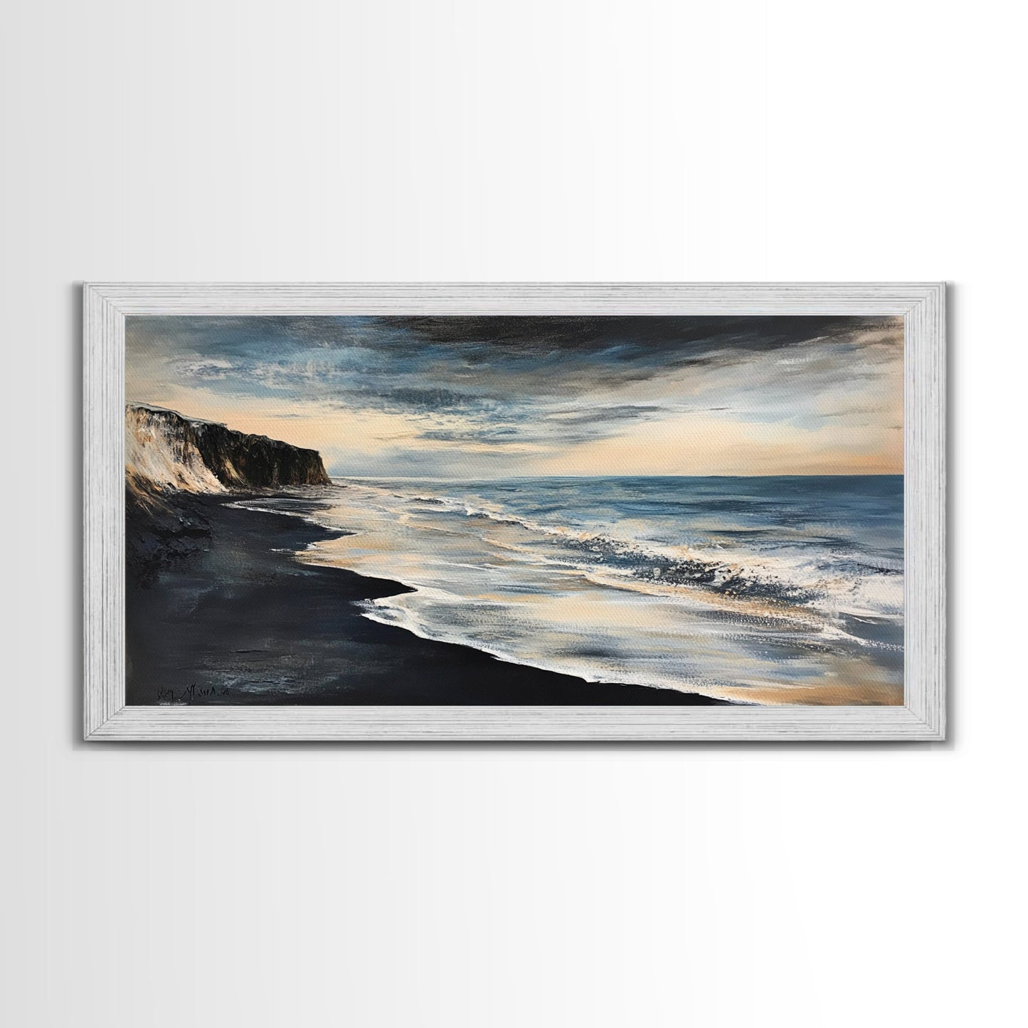 Moody beach, dark ocean, seascape painting, panoramic art, extra wide art, nautical painting, framed canvas print, above sofa art