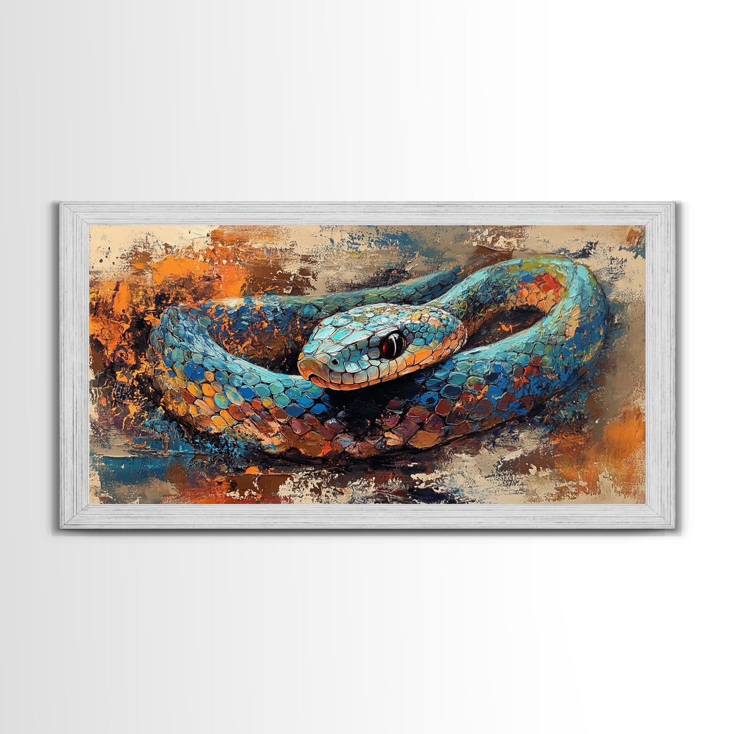 Blue Snake, abstract animal art, framed canvas print, moody art, wildlife painting, bold colors, rustic decor, modern wall art