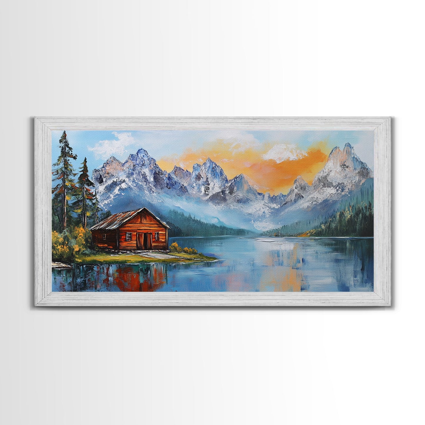 Mountain Cabin, Rustic Art, Lake Tahoe Art, Above Sofa Art, Landscape Painting, Bedroom Art, Framed Canvas Print, Farmhouse Art