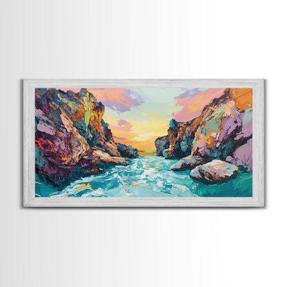 Sonnenuntergang in einer Küstenschlucht, Panoramagemälde, extra breites Kunstwerk, gerahmter Leinwanddruck, Seestück, Wandbild aus dem Südwesten