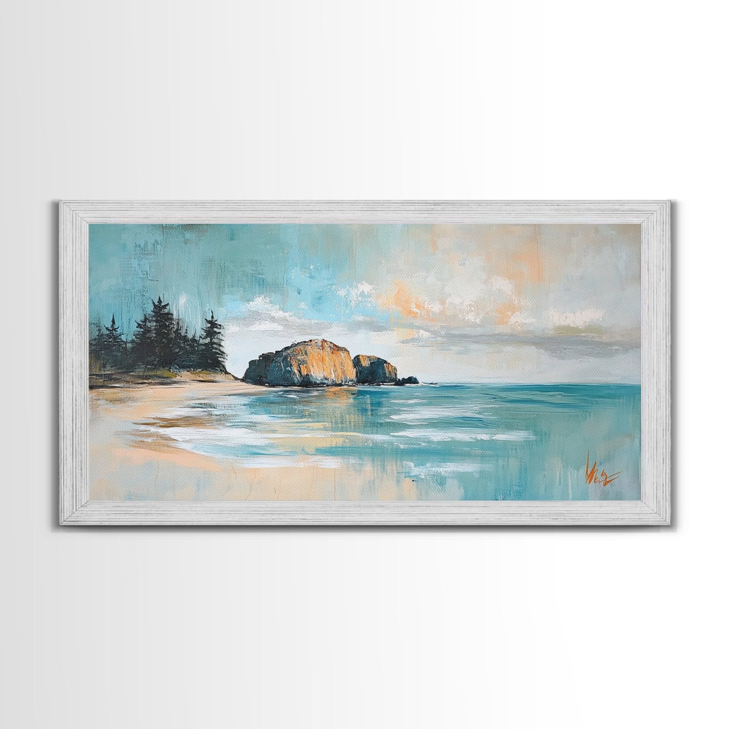 Ruhige Strandlandschaft, gerahmter Leinwanddruck, Küstenmalerei, Seestück, extra breites Kunstwerk, maritime Wandkunst, Schlafzimmerkunst