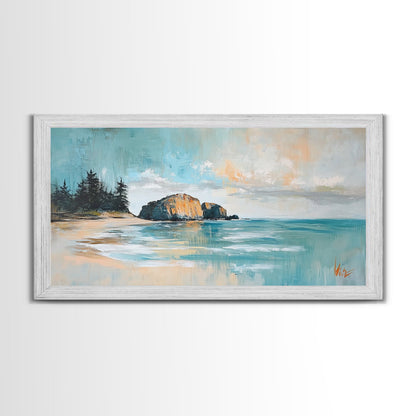 Ruhige Strandlandschaft, gerahmter Leinwanddruck, Küstenmalerei, Seestück, extra breites Kunstwerk, maritime Wandkunst, Schlafzimmerkunst