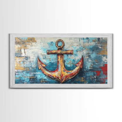 Nautischer Anker, Küstendeko, Rustikale Wandkunst, Extra breites Bild, Nautische Wandkunst, Horizontale Wandkunst, Gerahmter Leinwanddruck, Wohnzimmerkunst