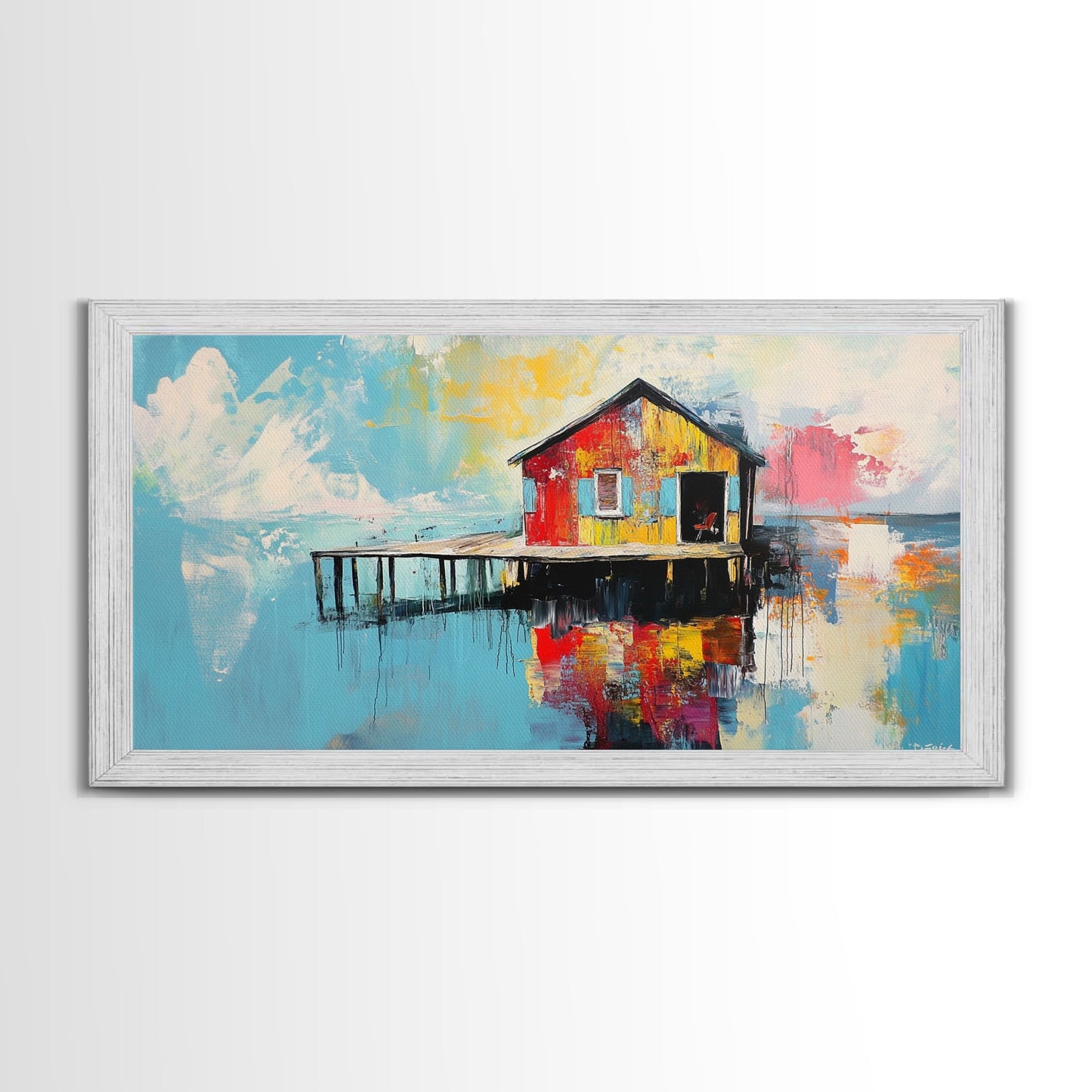 Colorful boathouse, lake reflection, coastal decor, seascape painting, nautical wall art, framed canvas print, extra wide art, gift idea