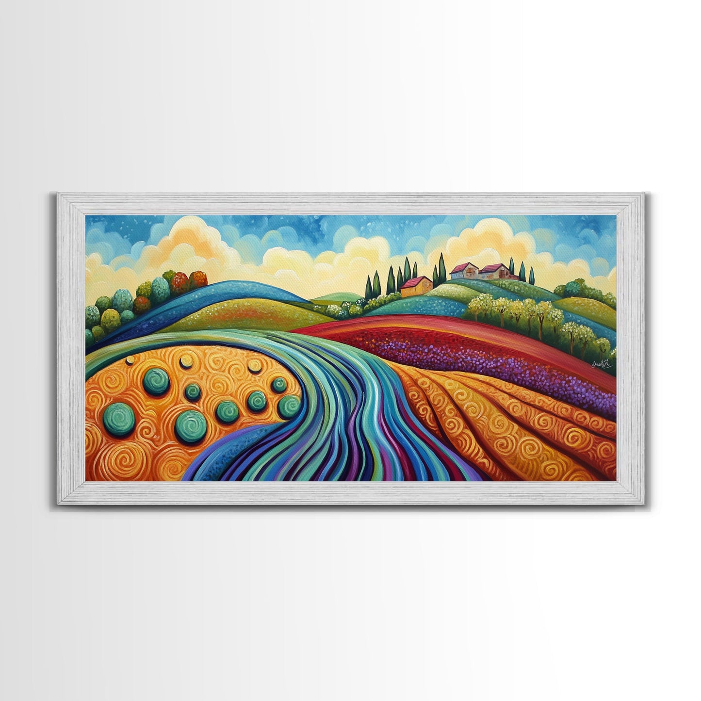 Whimsical Hills, rolling landscape, colorful fields, abstract nature, bold painting, extra wide art, Framed Canvas Print, rustic art