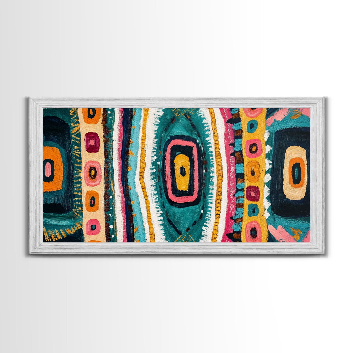 Geometric Abstract, bold colors, sacred geometry art, tribal design, vibrant patterns, extra wide art, Framed Canvas Print, boho art