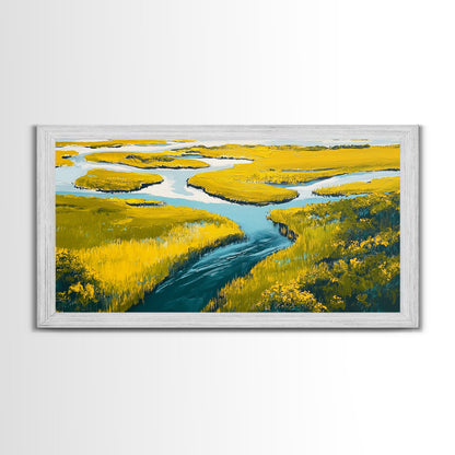 Marshland Landscape, marsh painting, landscape painting, above sofa art, extra wide art, panoramic art, Framed Canvas Print