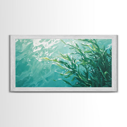 Kunst aus Kelpwäldern, Küstenlandschaften, maritime Wandbilder, gerahmte Leinwanddrucke, vom Meer inspirierte Kunstwerke, Wandbilder in Blau und Grün