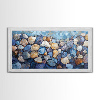 Seashell Beach Art, coastal wall art, oyster shell painting, blue and green wall art, framed canvas print, extra wide art