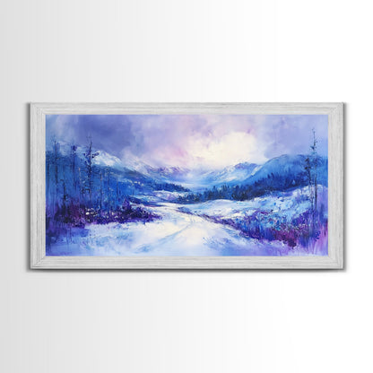 Snowy Mountain Art, Winter Landscape, Framed Canvas Print, Above Couch Art, Panoramic Painting, Mountain Painting