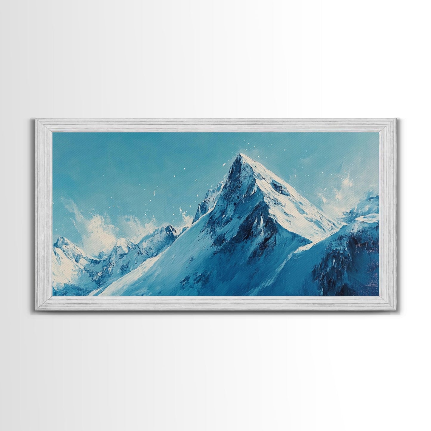 Berglandschaft-Malerei, Blau-Weiß-Kunst, Schneebedeckte Gipfel, Gerahmter Leinwanddruck, Rustikale Dekoration, Minimalistische Kunst, Extra breites Kunstwerk